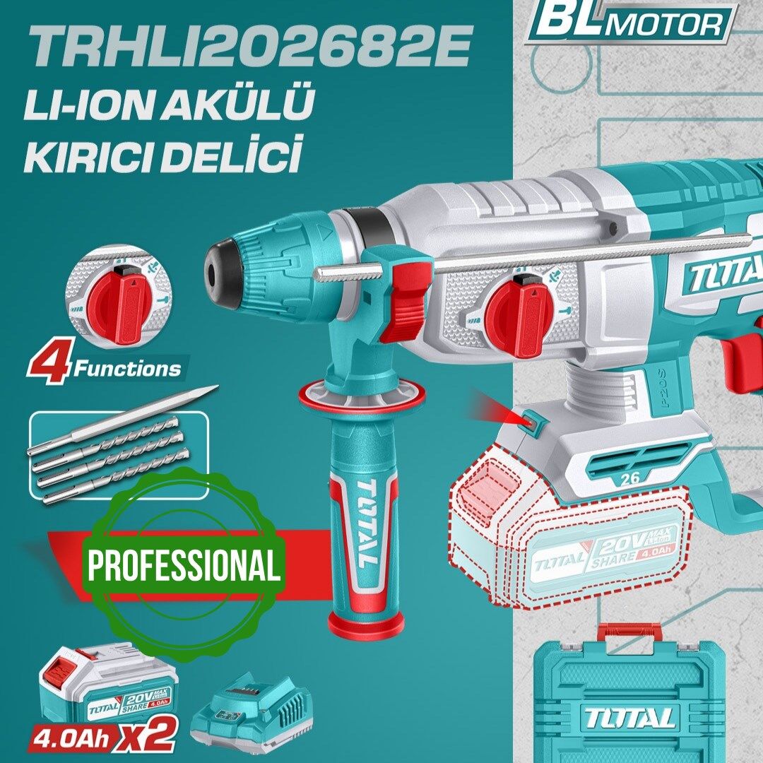 Total Li-Ion Akülü Kırıcı Delici Matkap 2x4 Ah Çift Akü TRHLI202682E