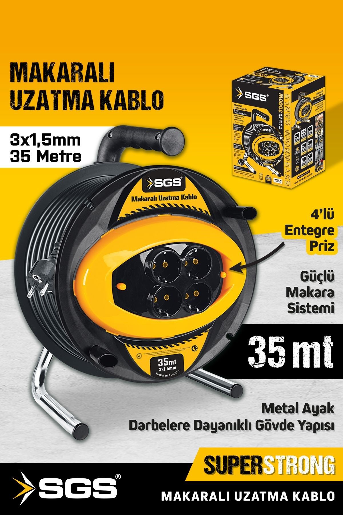 SGS2131 3x1,5mm 35 Metre Makaralı Uzatma Kablo Metal Ayaklı 4 Lü Priz