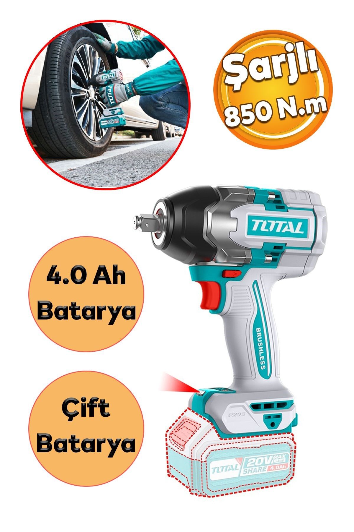 Total 850 Nm Şarjlı Li-on 2x4 Ah Batarya Darbeli Akülü Somun Sıkma Sökme Tabanca Araba Teker Lastik