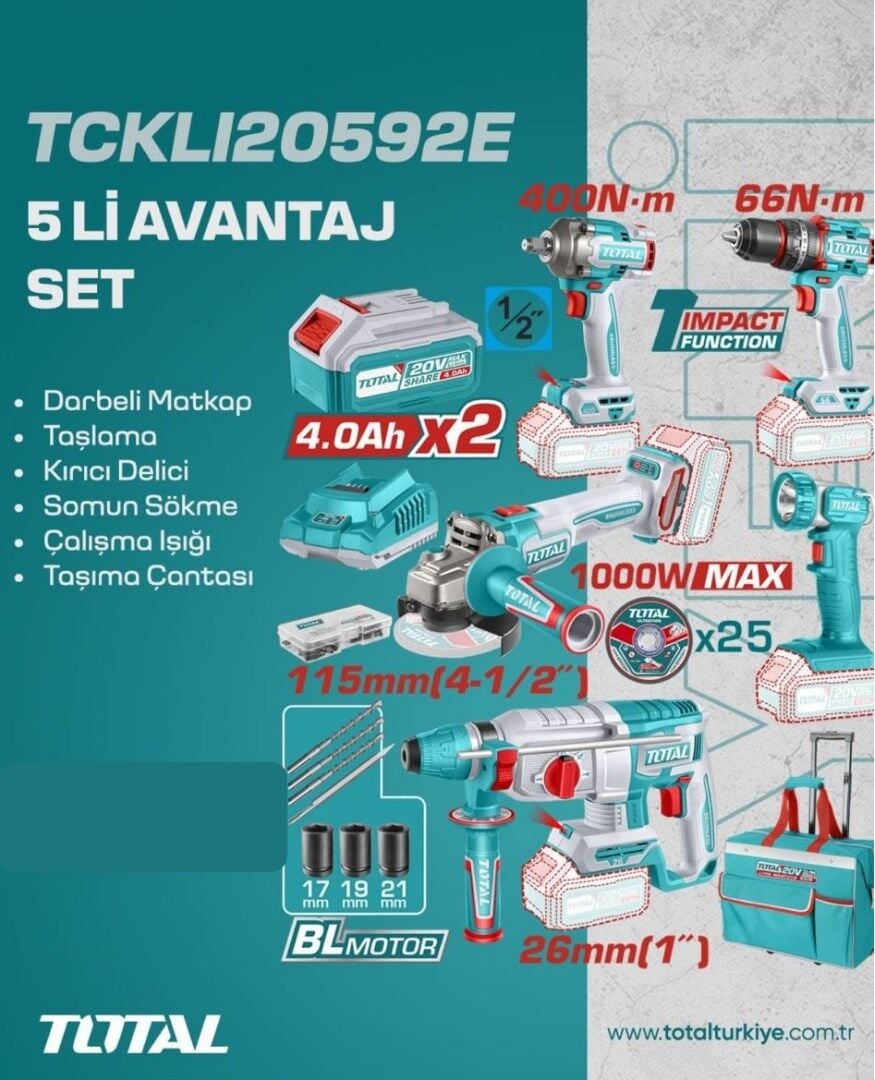 TOTAL AVANTAJ 5 Lİ SET - DARBELİ MATKAP, TAŞLAMA, KIRICI DELİCİ - TCKLI20592E