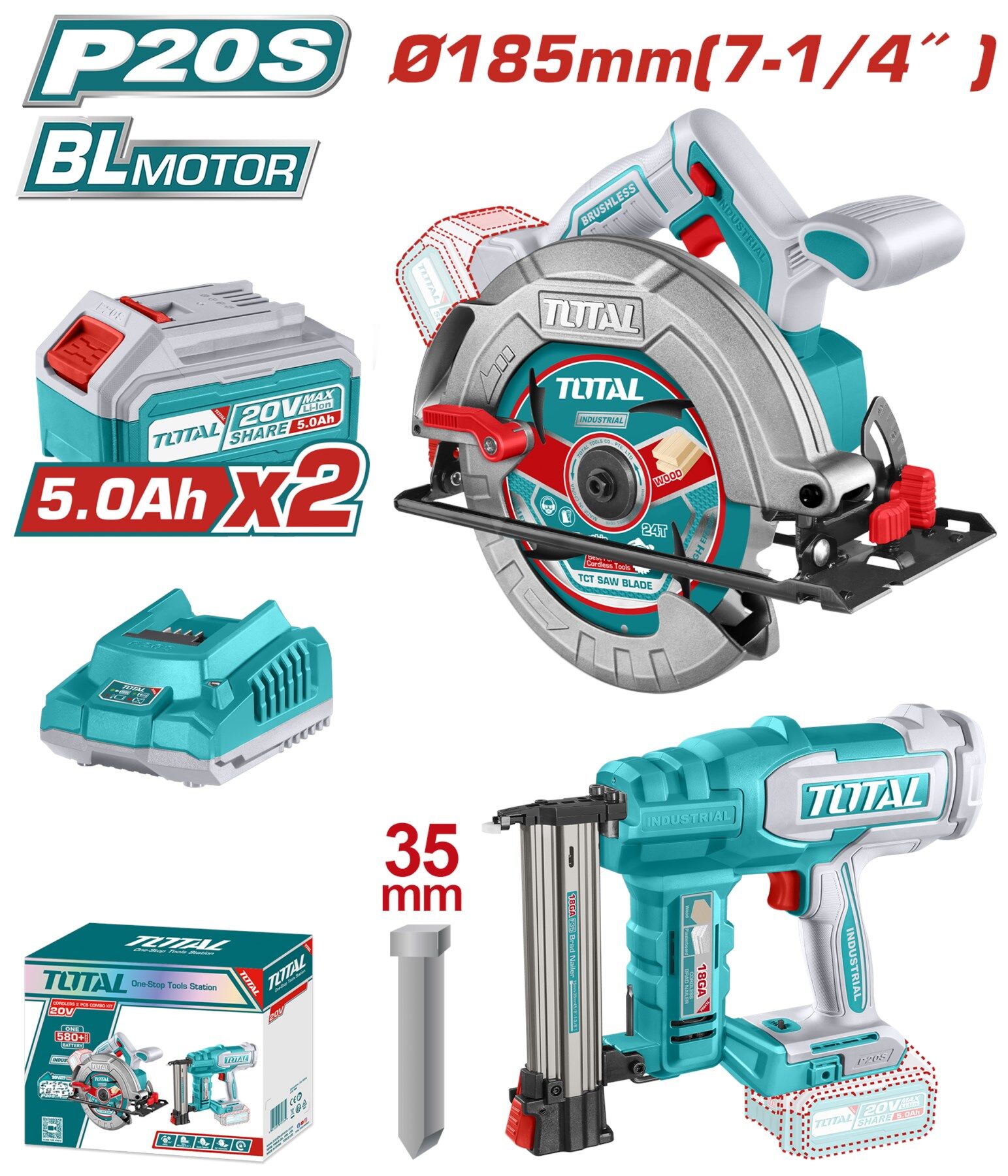 Total Akülü Set Daire Testere ve Çivi Çakma Tabancası 2x5.0 Ah TOSLI240866E