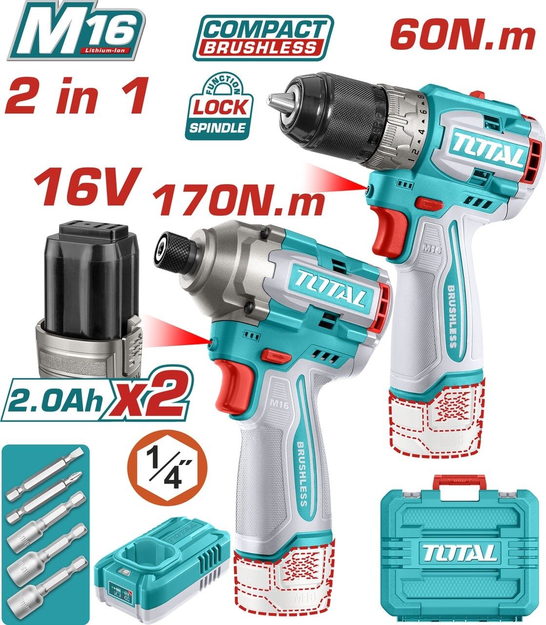 Total 16V Darbeli Matkap + Darbeli Vidalama Makinesi Avantaj Set TOSLI240968E