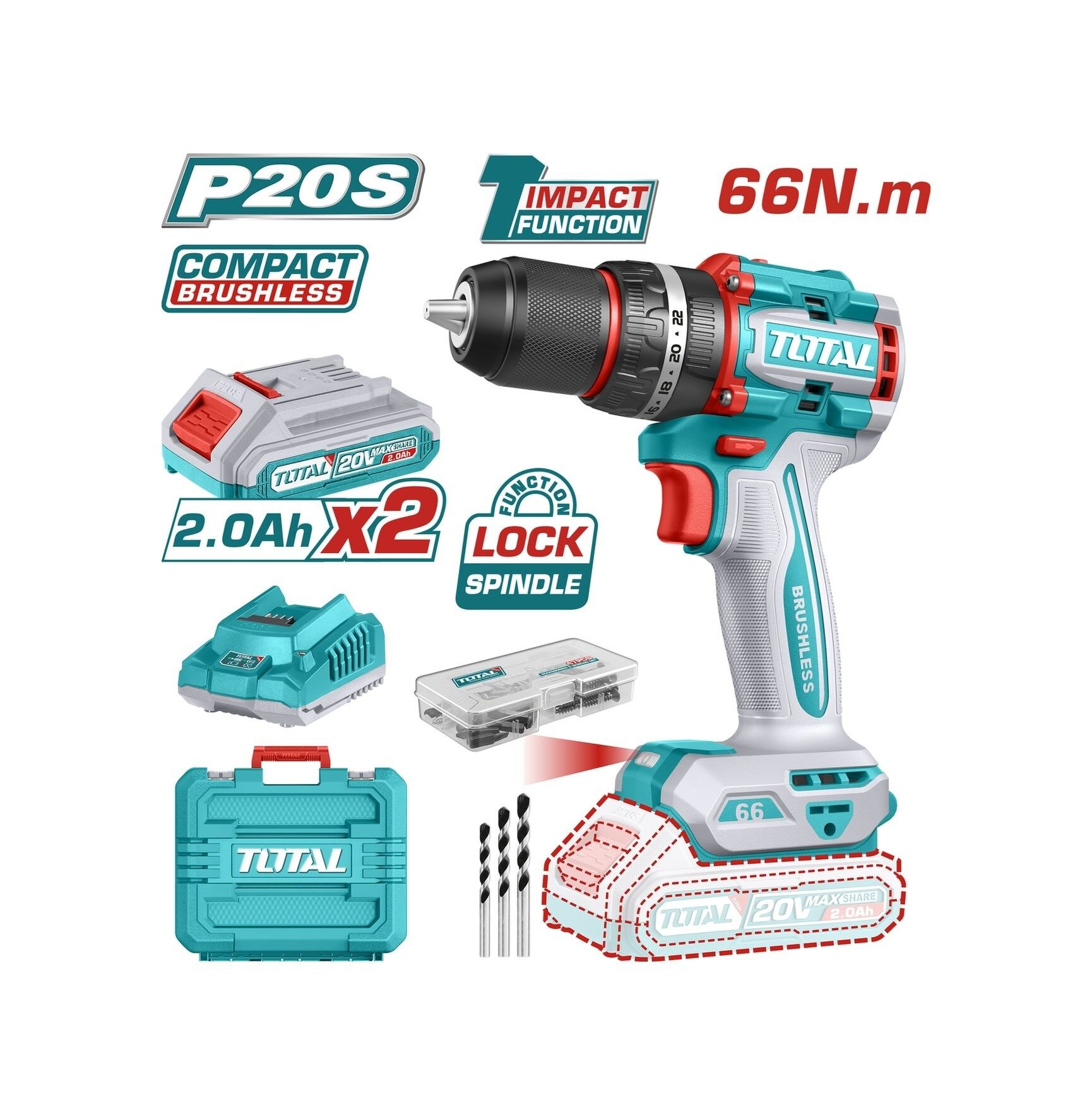 Total Li-Ion Çift Akülü Darbeli Matkap TIDLI20668E 2x2 Ah