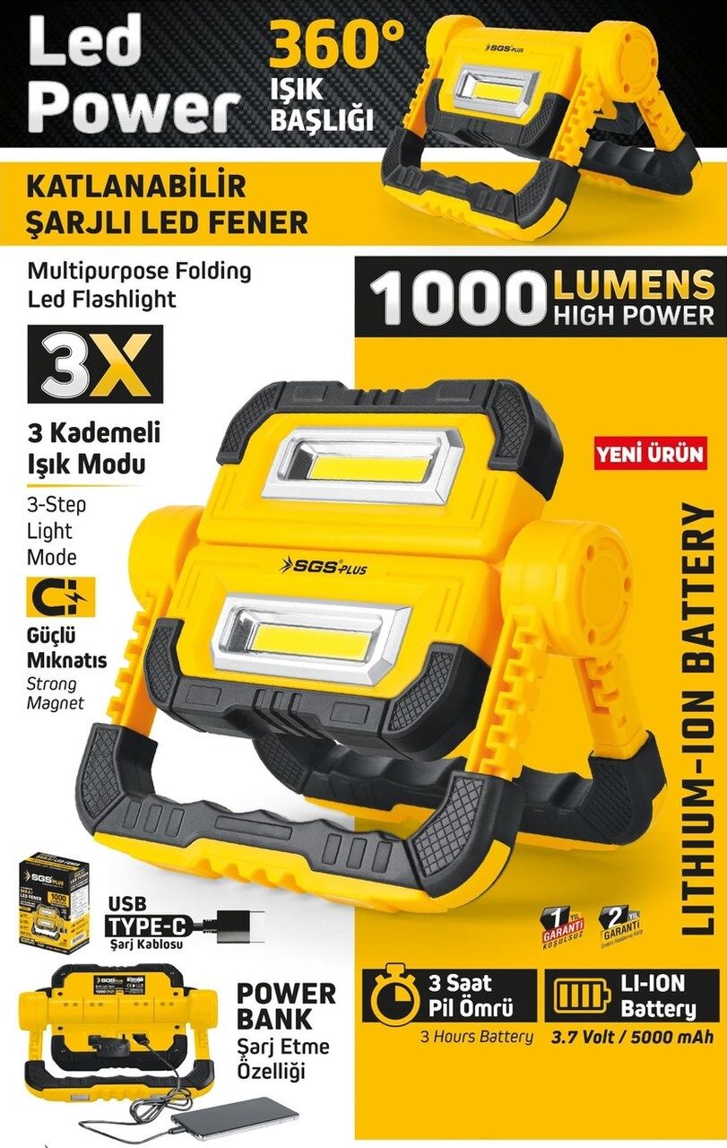 Sgs 5057 Şarjlı Led Çalışma Lambası-power Bank 1000 Lümen 3.7 Volt/ 5000 Mah Sarı - Siyah SGS5057