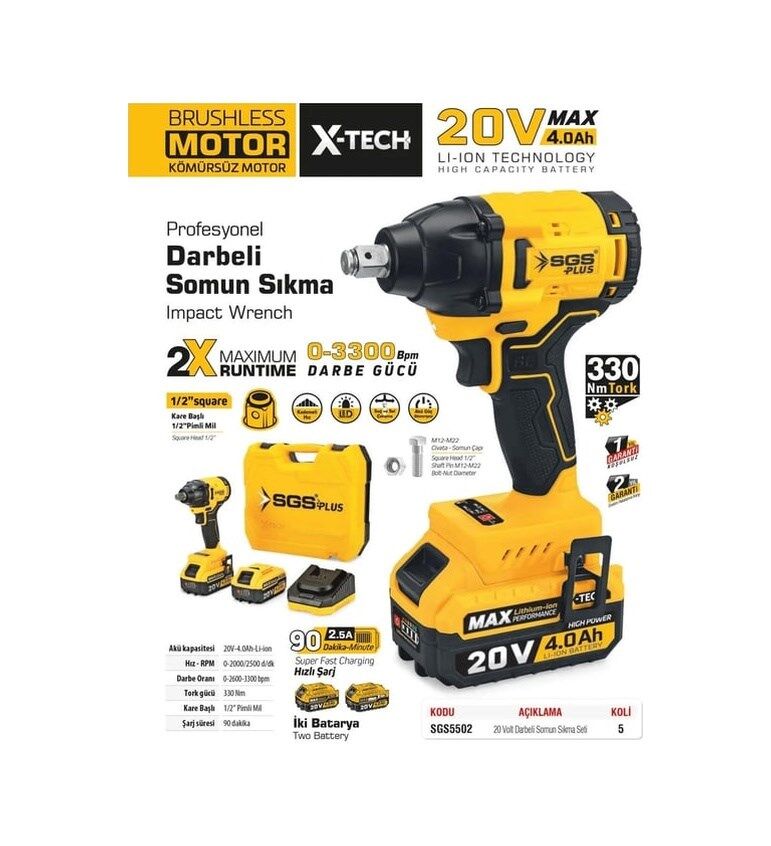 Sgs SGS5502 Kömürsüz 20 Volt 4.0Ah Darbeli Somun Sıkma Seti Çift Akü 2x4 Ah