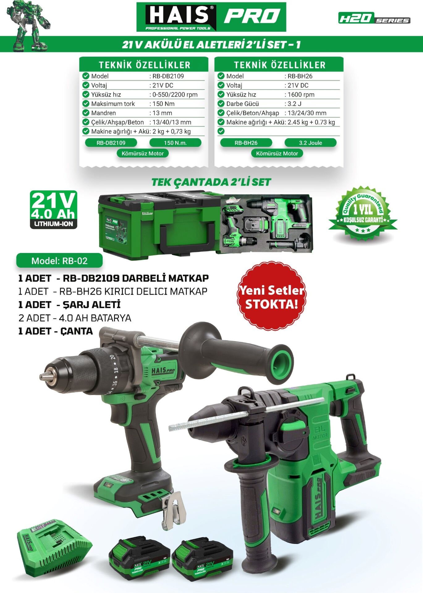 HaisPro Akülü Set - 2'li Profesyonel 21V Akülü Set + 2X4 Ah Çift Akü - RB-02