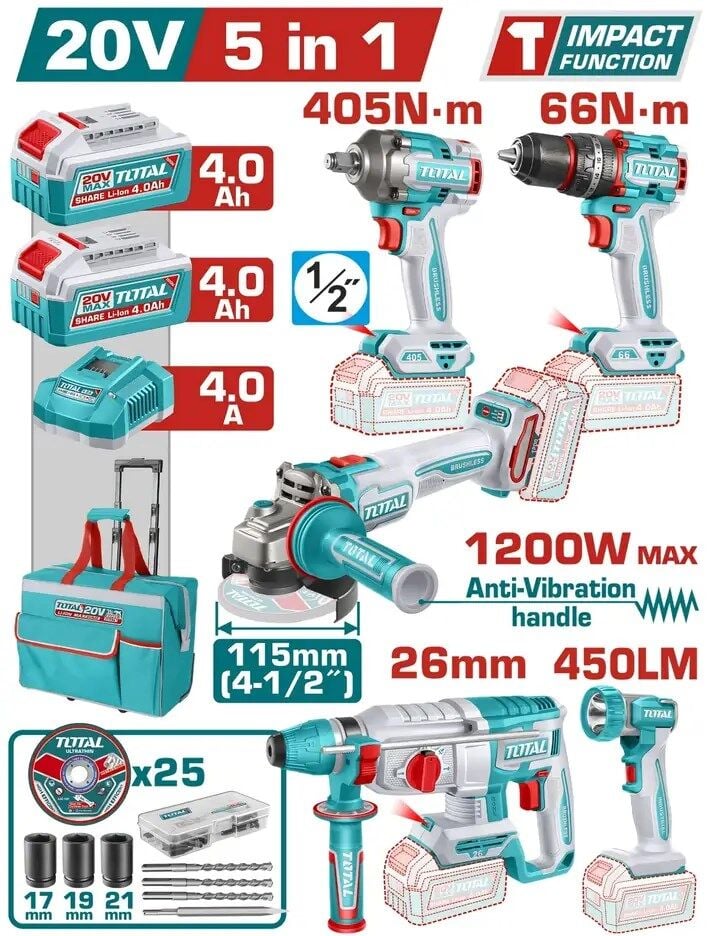 Total Avantaj 5'li Set - Darbeli matkap, Taşlama, Kırıcı Delici, Somun Sökme, Işık Tcklı20595e