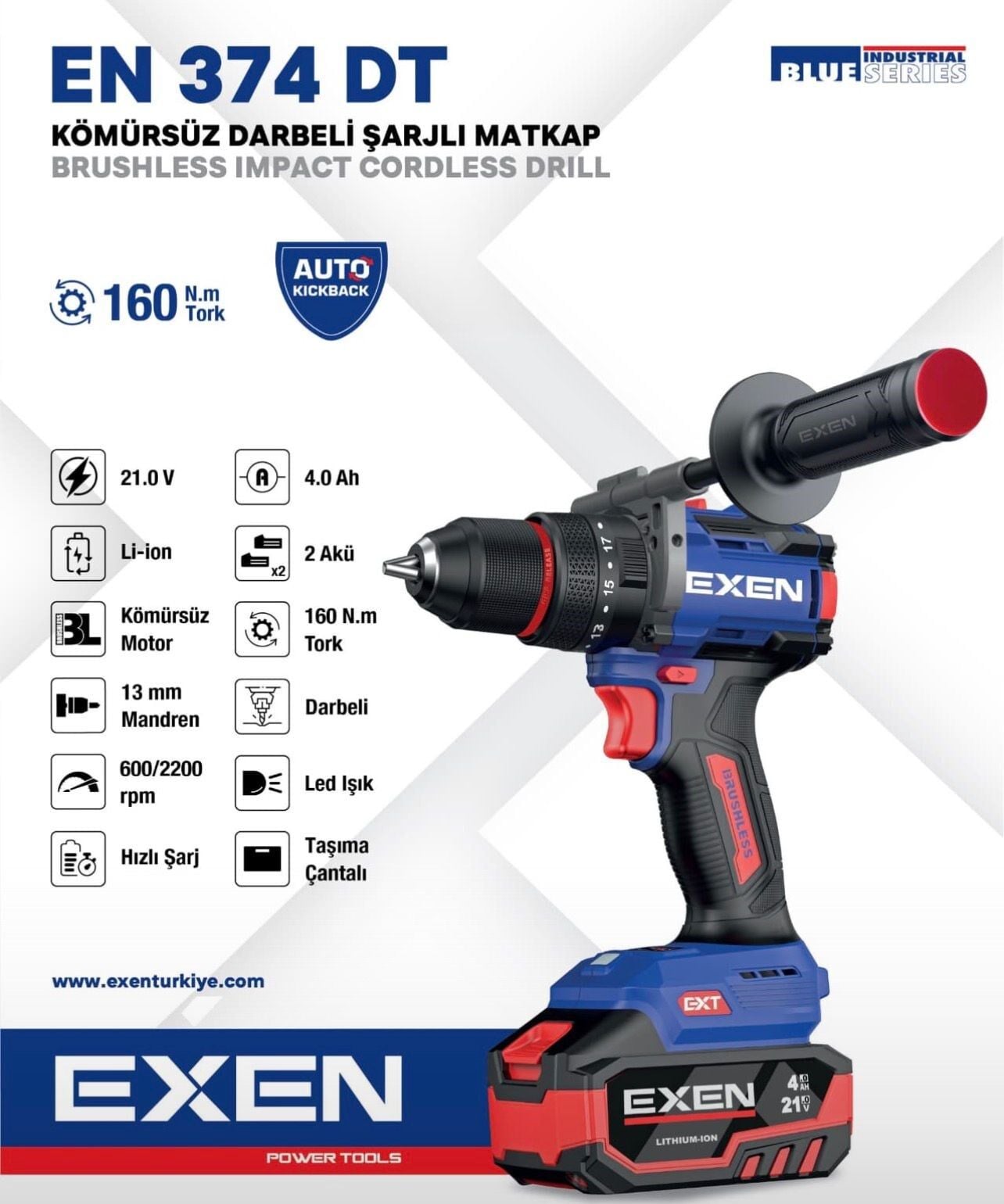 EXEN EN 374 DT - 21V 4Ah 160N.m Kömürsüz Darbeli Şarjlı Matkap - Çift Akü 2x4 Ah