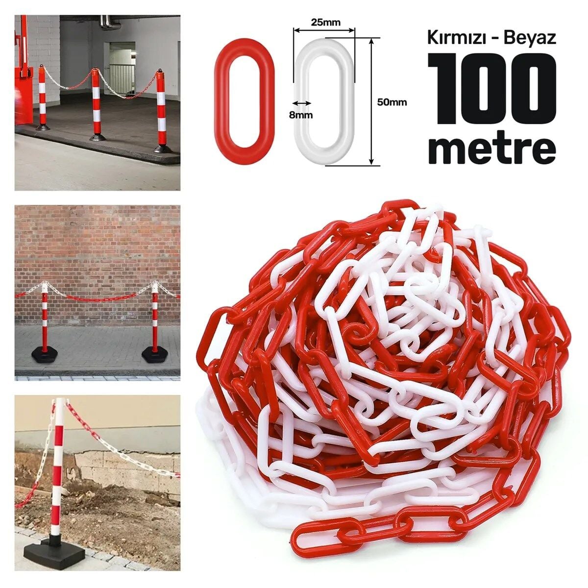 Sgs2552 Plastik Güvenlik Bariyer Zinciri (kırmızı-beyaz) 8 Mm 100 Metre