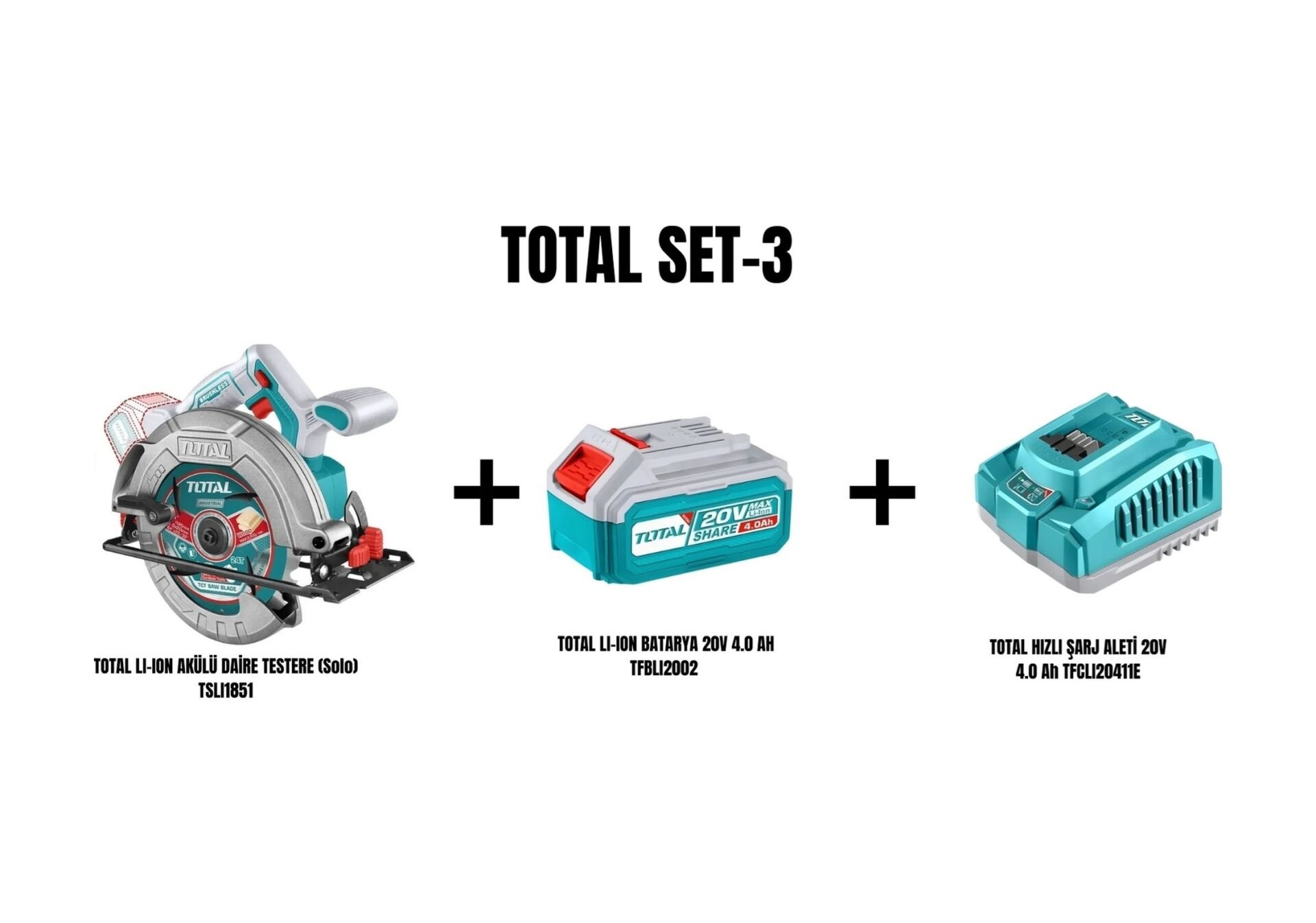 Total Set-3 Li-Ion Akülü Daire Testere TSLI1851 + Li-Ion Batarya 20V 4.0AH TFBLI2002  TFCLI20411E