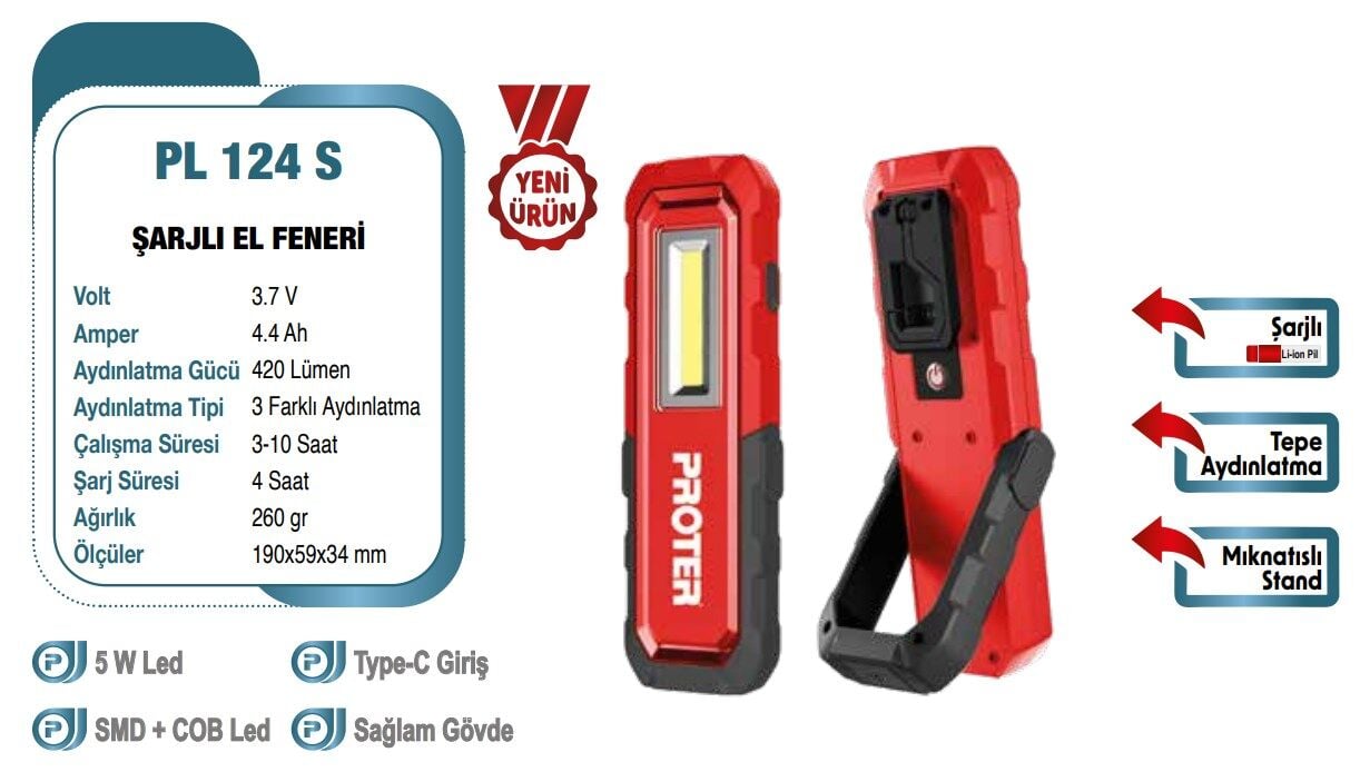 Proter Pl 124 S Şarjlı El Feneri 420 Lümen