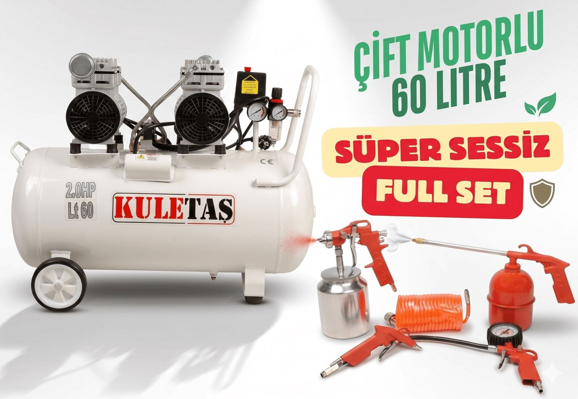Kuletaş Kompresör Çift Motorlu 60 Litre Süper Sessiz Yağsız - Full Set - 3 Yıl Garanti