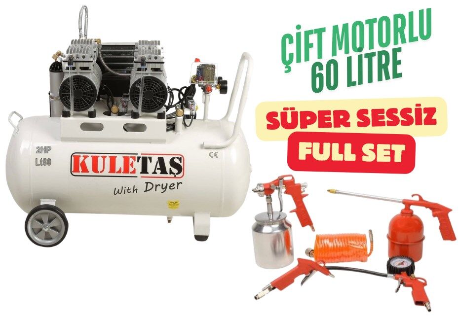 Kuletaş Kompresör Çift Motorlu 60 Litre Süper Sessiz Yağsız - Full Set - 3 Yıl Garanti