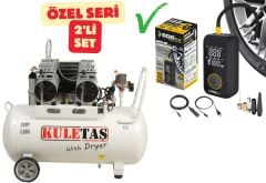 Kuletaş Kompresör Çift Motorlu 60 Litre Süper Sessiz Yağsız + Şarjlı Hava Kompresörü - Özel Seri