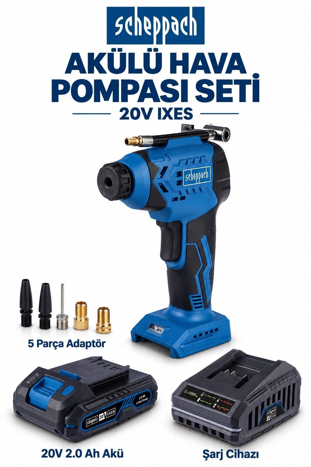 Scheppach C-AC20-X 20V Akülü Hava Pompası Seti – 2.0 Ah Akü, Şarj Cihazı ve Adaptörler