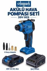 Scheppach C-AC20-X 20V Akülü Hava Pompası Seti – 2.0 Ah Akü, Şarj Cihazı ve Adaptörler