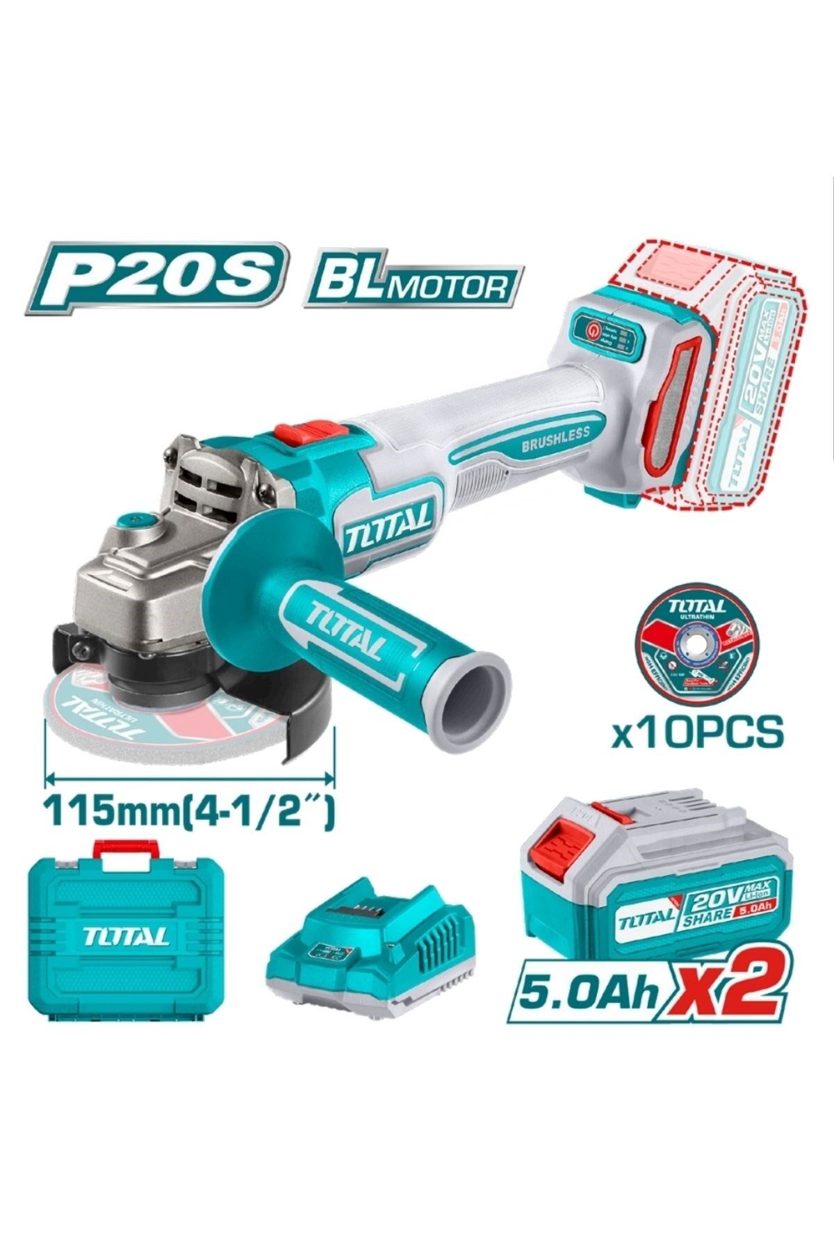 Total Li-ion Akülü Taşlama Makinası 2x5 Ah Çift Akü TAGLI211545