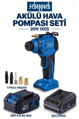 Scheppach C-AC20-X 20V Akülü Hava Pompası Seti – 4.0 Ah Akü, Şarj Cihazı ve Adaptörler