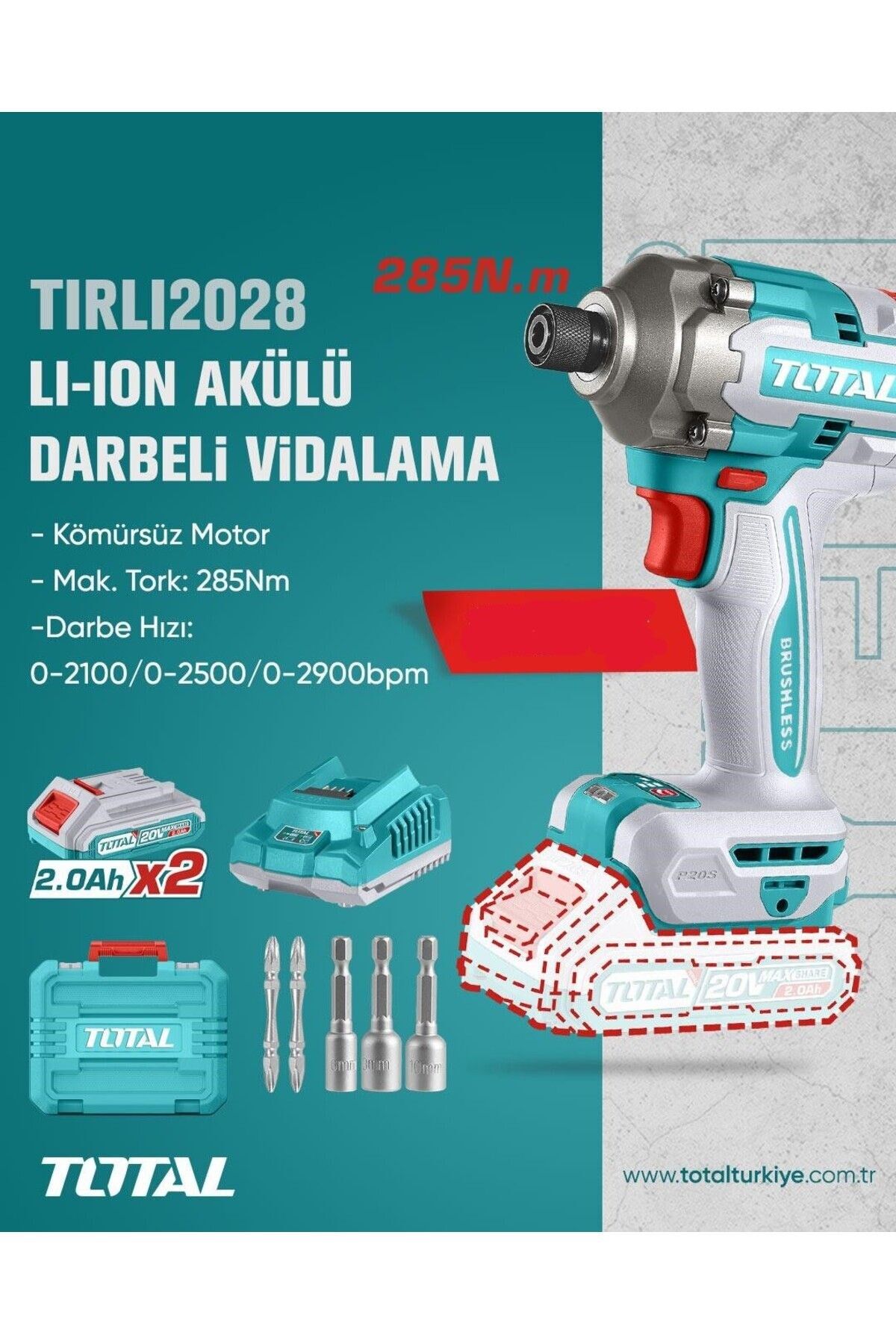 Total Li-ion Akülü Darbeli Vidalama ve Somun Sıkma Kömürsüz Motor 285 Nm Yüksek Tork Tırlı2028