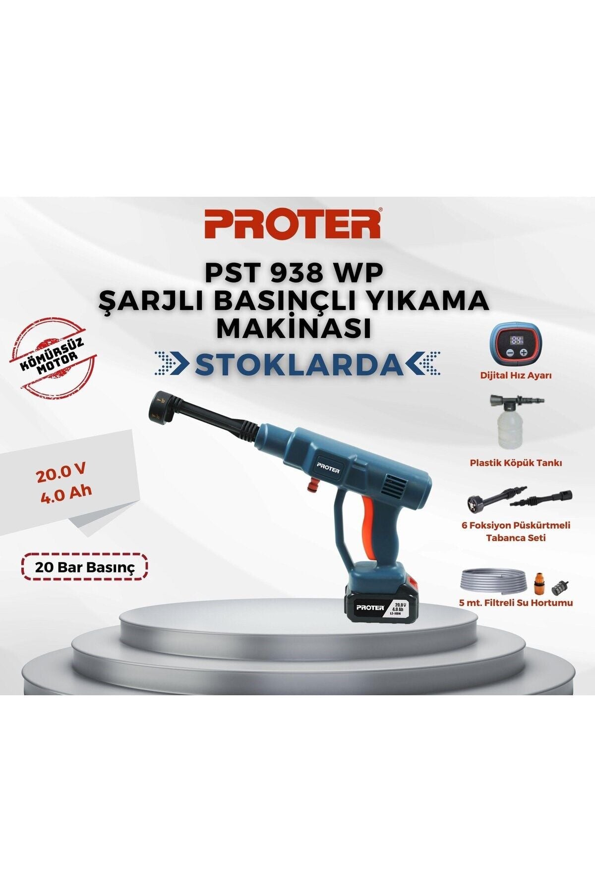 PROTER PST 938 WP ŞARJLI BASINÇLI YIKAMA MAKİNASI 20 BAR