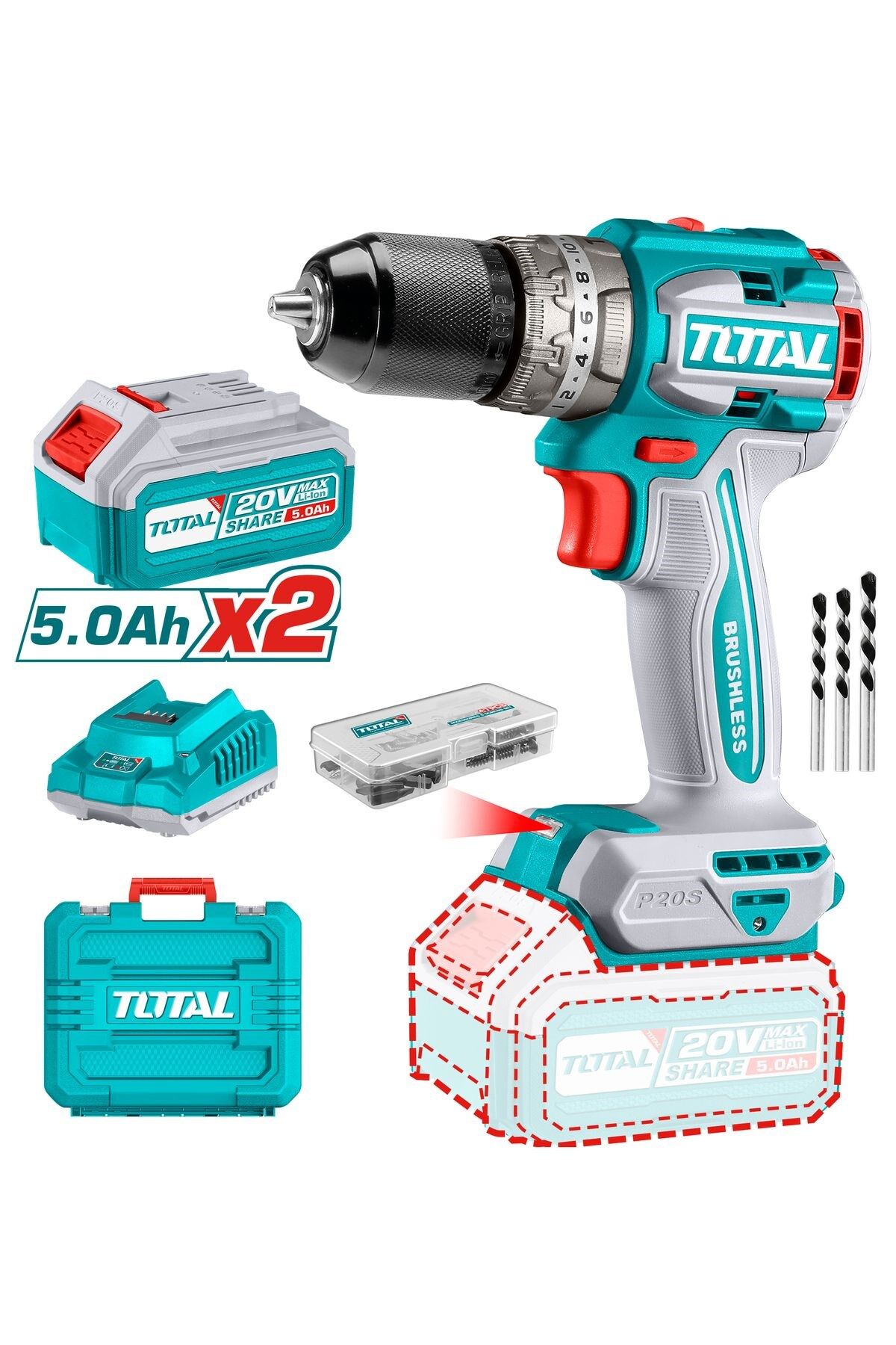 Total Li-ion Akülü Darbeli Matkap 2x5 Ah Akü TIDLI206028