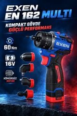 EXEN EN 162 MULTI 16V Kömürsüz Darbeli Akülü Matkap Vidalama – 60 Nm, 4’lü Multi Başlık Seti, 2 Akü