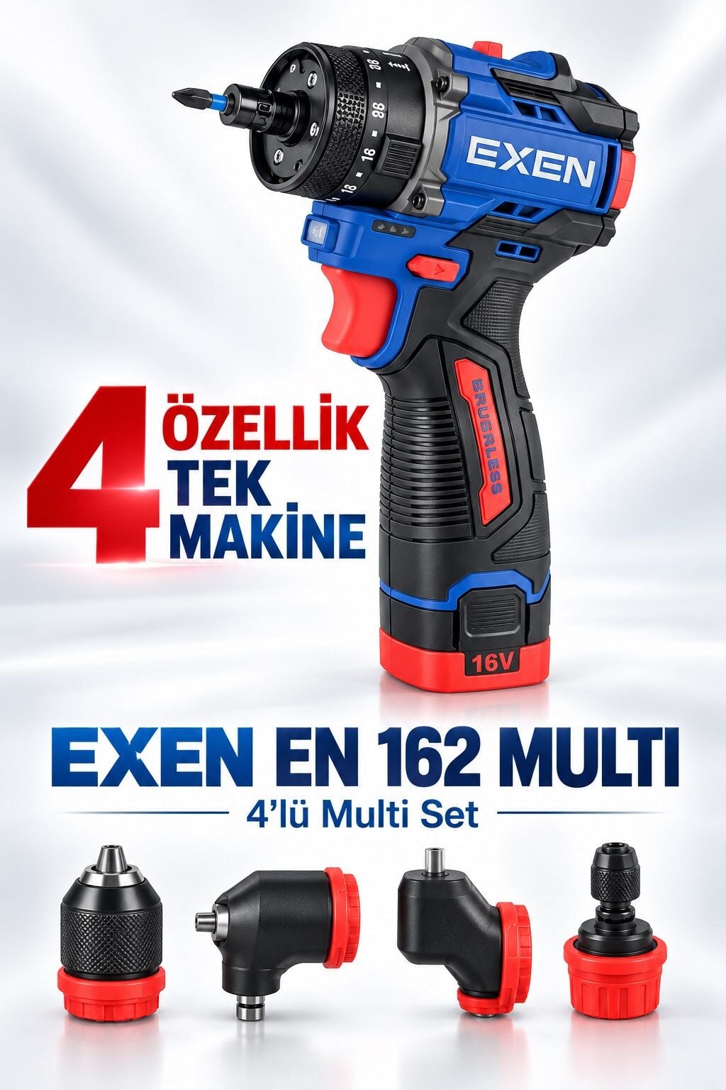 EXEN EN 162 MULTI 16V Kömürsüz Darbeli Akülü Matkap Vidalama – 60 Nm, 4’lü Multi Başlık Seti, 2 Akü