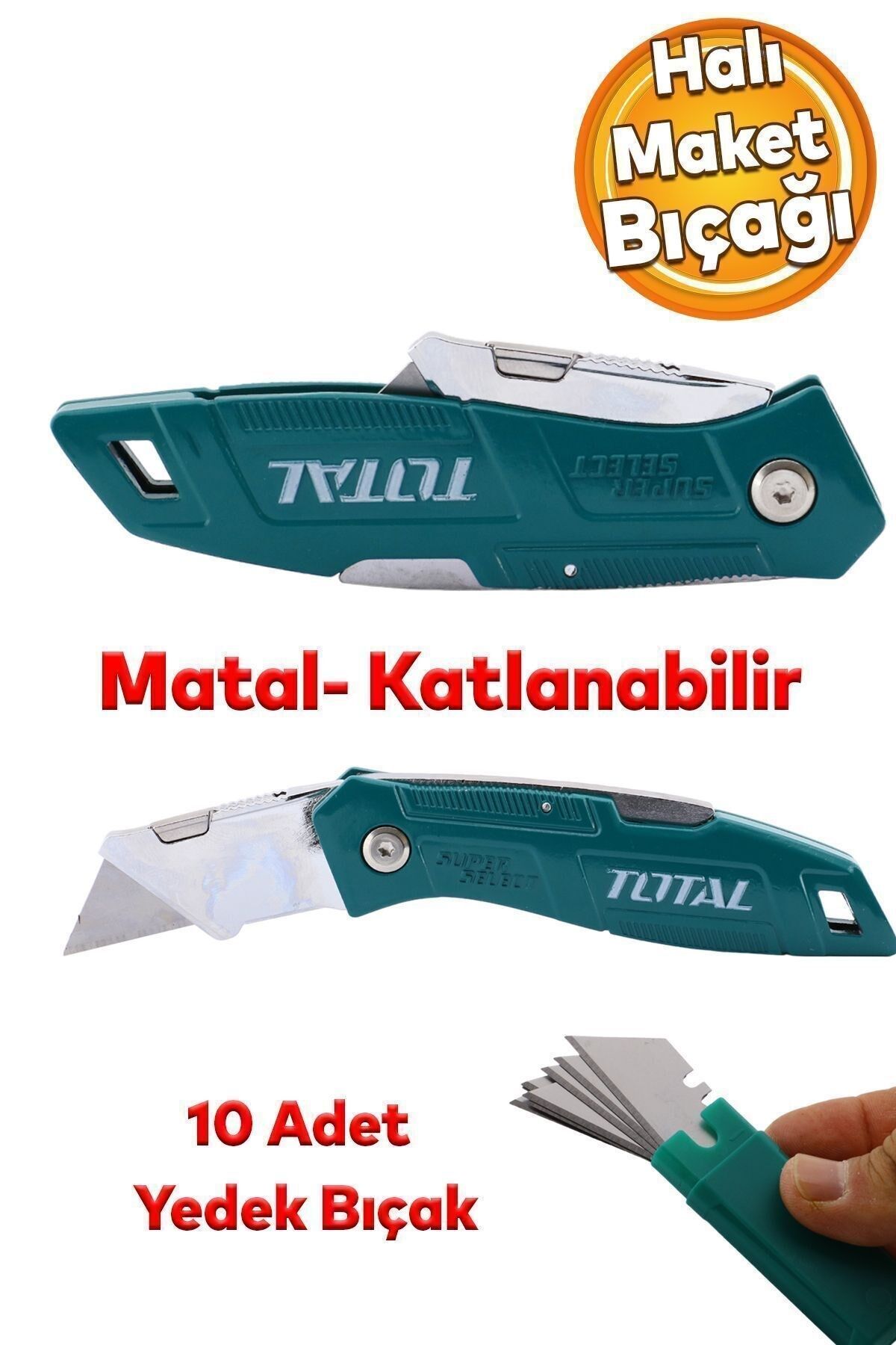 Total Halı Kesme Maket Bıçağı Falçata Çok Amaçlı Katlanabilir 10 Adet Yedek Bıçaklar Alçıpan Kesim