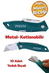 Total Halı Kesme Maket Bıçağı Falçata Çok Amaçlı Katlanabilir 10 Adet Yedek Bıçaklar Alçıpan Kesim
