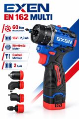 EXEN EN 162 MULTI 16V Kömürsüz Darbeli Akülü Matkap Vidalama – 60 Nm, 4’lü Multi Başlık Seti, 2 Akü