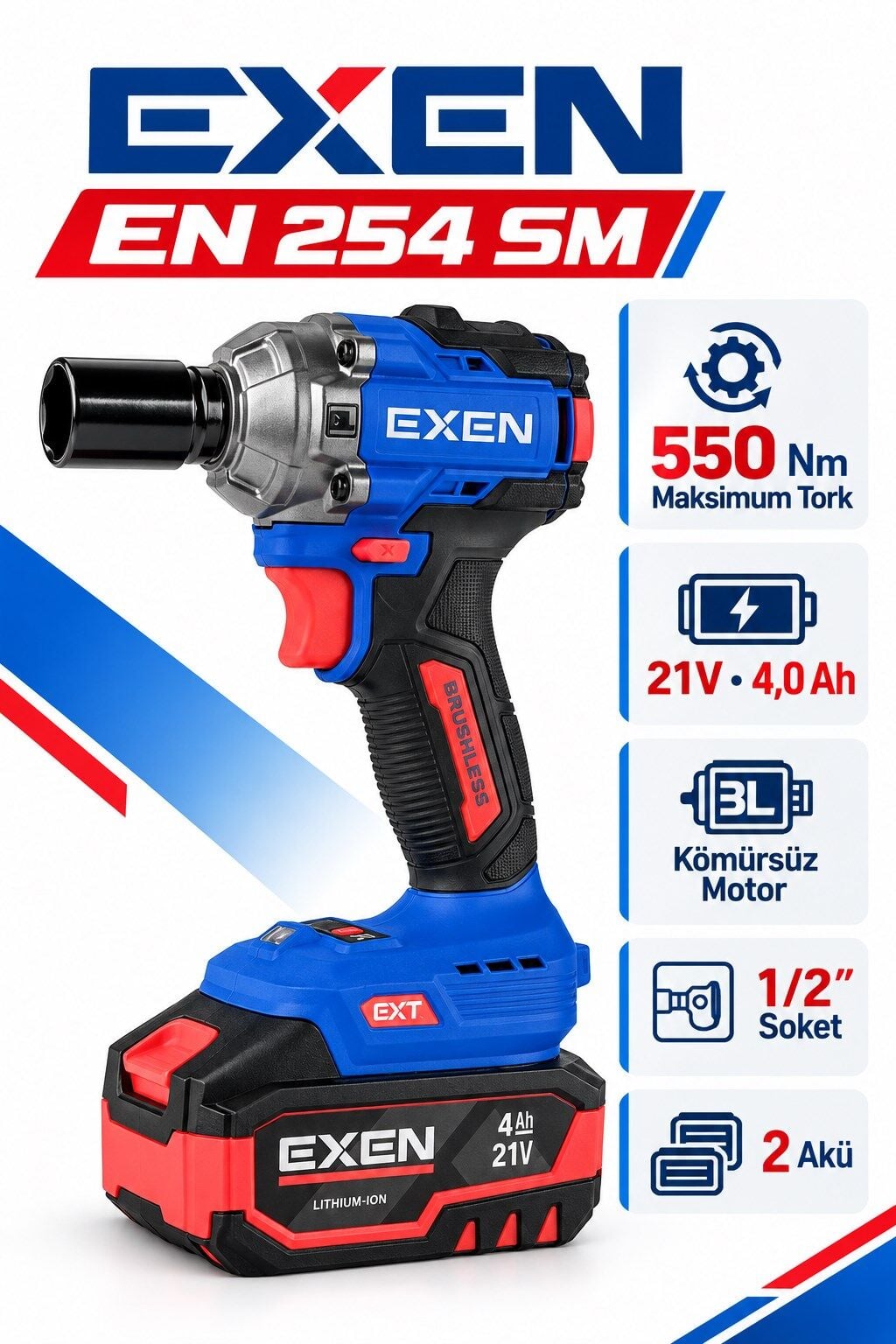 EXEN EN 254 SM 21V Kömürsüz Akülü Somun Sökme ve Sıkma Makinesi – 550 Nm, 2 Akülü, Plastik Çantalı