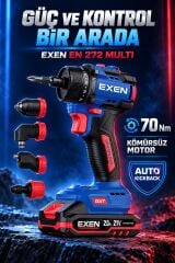 EXEN EN 272 MULTİ 21V Kömürsüz Darbeli Akülü Matkap Vidalama - 70 Nm, 4'lü Multi Başlık Seti