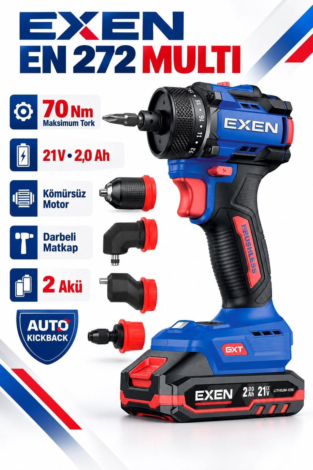 EXEN EN 272 MULTİ 21V Kömürsüz Darbeli Akülü Matkap Vidalama - 70 Nm, 4'lü Multi Başlık Seti