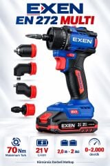 EXEN EN 272 MULTİ 21V Kömürsüz Darbeli Akülü Matkap Vidalama - 70 Nm, 4'lü Multi Başlık Seti