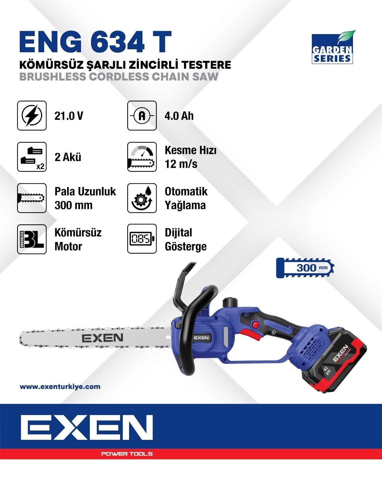 Exen ENG 634 T 21V 2x4 Ah Çift Akü 300 mm Kömürsüz Şarjlı Zincirli Testere