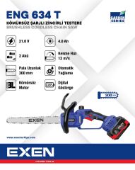 Exen ENG 634 T 21V 2x4 Ah Çift Akü 300 mm Kömürsüz Şarjlı Zincirli Testere
