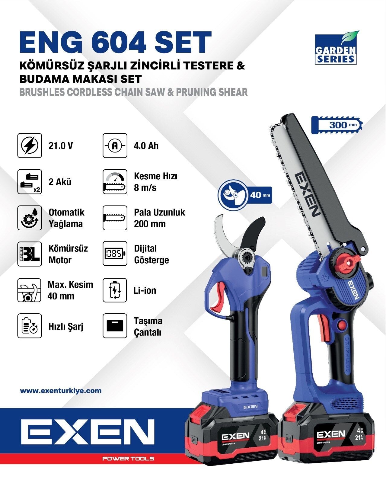 Exen ENG 604 Set 21 V 2x4 Ah Çift Akü Kömürsüz Şarjlı Testere ve Makas Seti