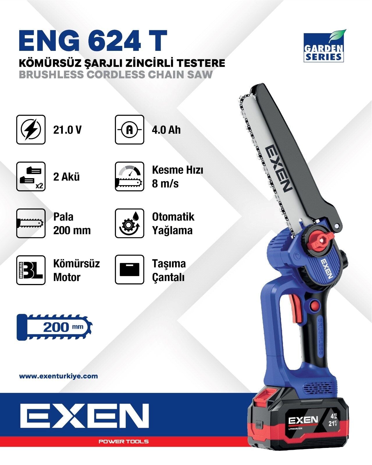 Exen ENG 624 T 21V 2X4 Ah Çift Akü 200 mm Kömürsüz Şarjlı Zincirli Testere