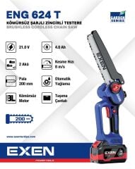 Exen ENG 624 T 21V 2X4 Ah Çift Akü 200 mm Kömürsüz Şarjlı Zincirli Testere