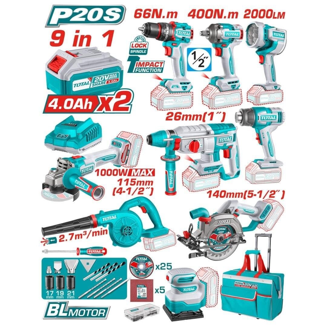 Total 9'lu Avantaj Set - Akülü Kırıcı Delici Taşlama Matkap Vidalama Set TOSLI250381E