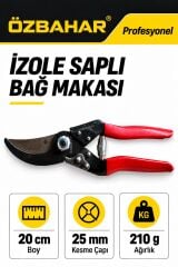 Özbahar Profesyonel İzole Saplı Bağ ve Budama Makası, 25 mm Kesme Çapı, Güçlü Çene, El Yormayan