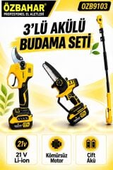 Özbahar OZB9103 21V Profesyonel Kömürsüz Akülü Budama Seti – Dal Budama Makası, Zincirli Testere