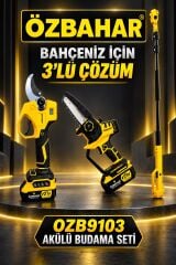 Özbahar OZB9103 21V Profesyonel Kömürsüz Akülü Budama Seti – Dal Budama Makası, Zincirli Testere