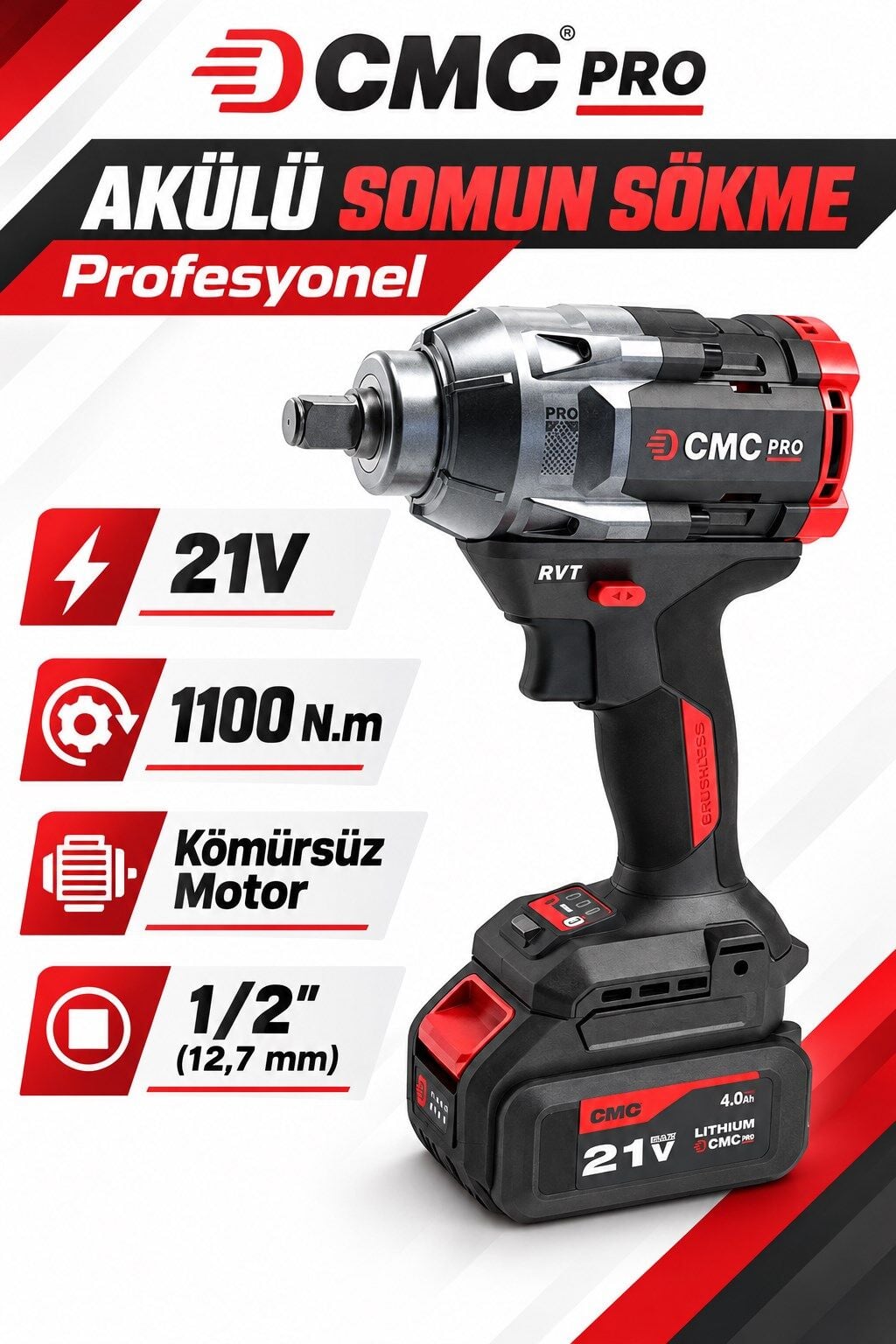 CMC Profesyonel 21V Kömürsüz Akülü Somun Sökme ve Sıkma Makinesi – 1100 Nm, 1/2 İnç, Çift 4 Ah Akü