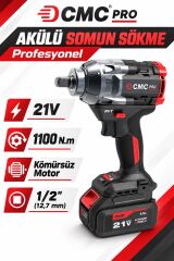 CMC Profesyonel 21V Kömürsüz Akülü Somun Sökme ve Sıkma Makinesi – 1100 Nm, 1/2 İnç, Çift 4 Ah Akü