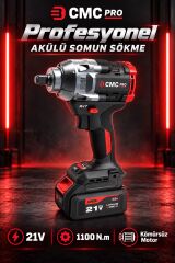 CMC Profesyonel 21V Kömürsüz Akülü Somun Sökme ve Sıkma Makinesi – 1100 Nm, 1/2 İnç, Çift 4 Ah Akü