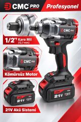 CMC Profesyonel 21V Kömürsüz Akülü Somun Sökme ve Sıkma Makinesi – 1100 Nm, 1/2 İnç, Çift 4 Ah Akü