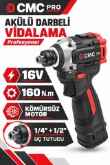 CMC Profesyonel 16V Kömürsüz Akülü Darbeli Vidalama – 160 Nm, Çift 2 Ah Akü, Çok Fonksiyonlu