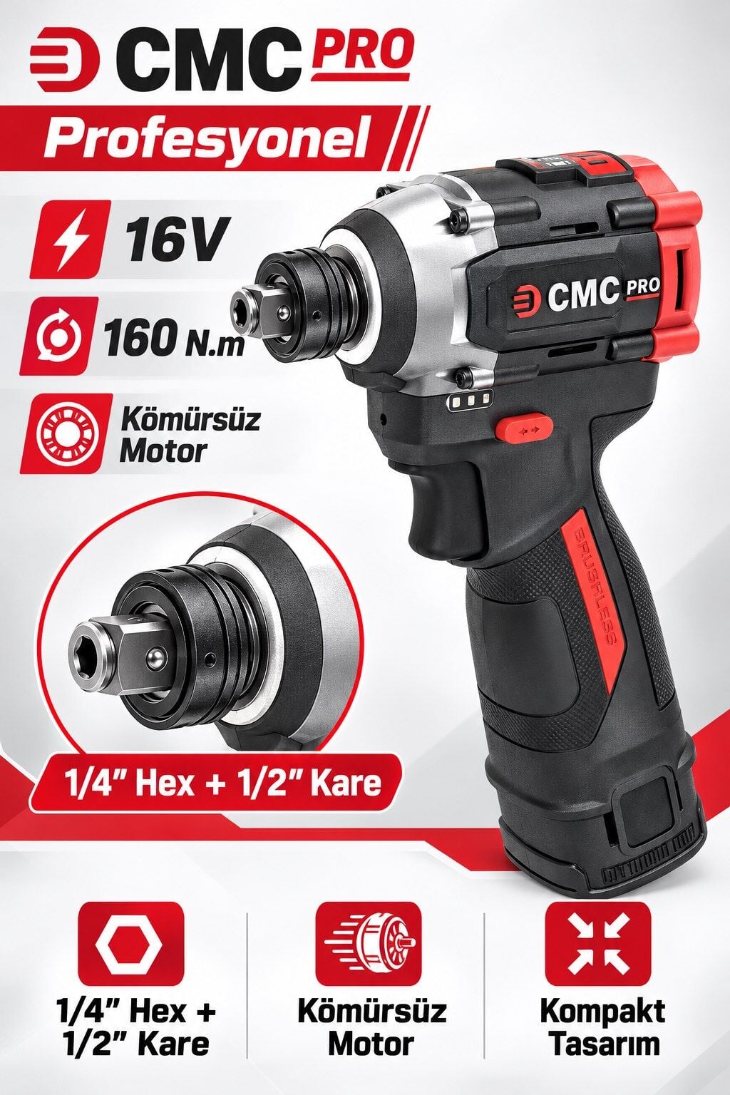 CMC Profesyonel 16V Kömürsüz Akülü Darbeli Vidalama – 160 Nm, Çift 2 Ah Akü, Çok Fonksiyonlu