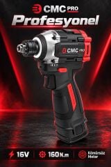 CMC Profesyonel 16V Kömürsüz Akülü Darbeli Vidalama – 160 Nm, Çift 2 Ah Akü, Çok Fonksiyonlu